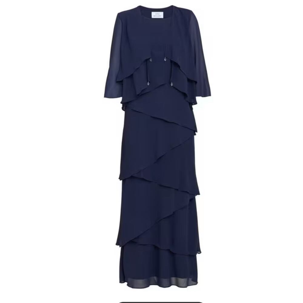 Frascara Elephant Trunk Tea Length Gown Wover Navy With Jacket Dress Sz 12 $735